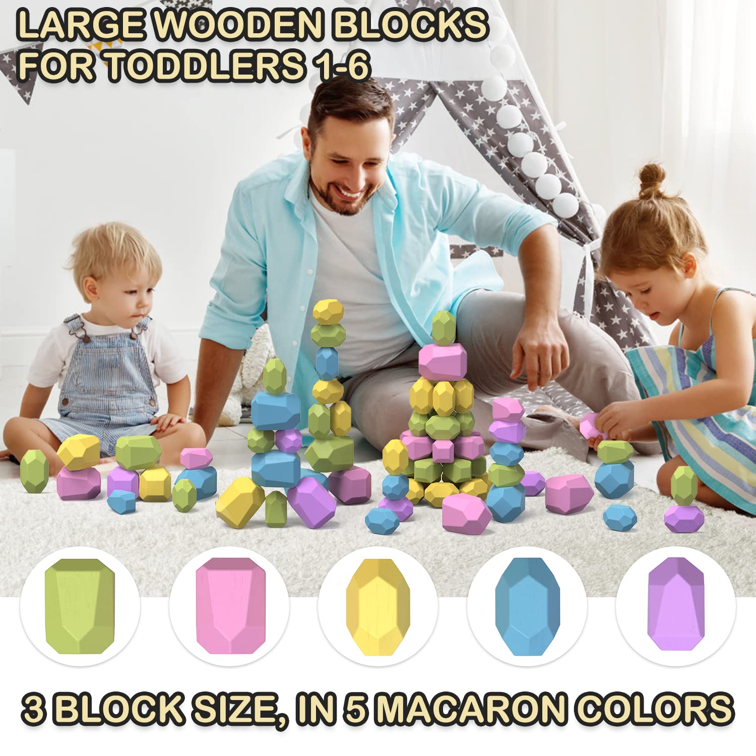Sensory Toys for 1 2 3 Year Old Boys Girls, Wooden Stacking Blocks Rocks, Montessori Stacking Toys for Toddlers 1-3, Educational Learning Building Blocks Toddler Toys for Kids Age 3-5, Preschool Gift
