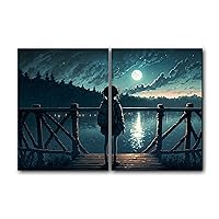 Anime Girl by the Bridge Watching the Full Moon Horizon Style 2, Set of 2 Poster Prints, Wall Art Home Decor, Multiple Sizes (12 x 16 Inches)