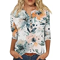 Women Tops 3/4 Length Sleeves Casual Floral Printed Button V Neck Shirt Loose Fit Going Out Sweatshirt Blouse