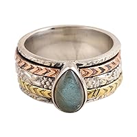 NOVICA Artisan Handmade Labradorite Meditation Ring Crafted from Precious Metals .925 Sterling Silver Copper Brass Spinner India Gemstone Protection 'Protection Gates'