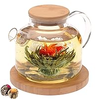 Teabloom Stovetop Safe Glass Teapot with Bamboo Lid (40oz/1200ml) + Loose Leaf Tea Filter Spout + 2 Blooming Teas + Large Bamboo Trivet - Natural Flowering Tea Gift Set