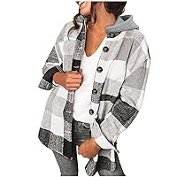 Womens Fall Fashion Plaid Shacket Jacket with Hood Casual Wool Blend Button Down Long Sleeve Hooded Jackets Coat