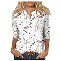 Camisas para Mujer, 3/4 Length Sleeve Womens Tops 3/4 Sleeve Print Graphic Tops for Women Button Down Womens Tops Summer Tops Casual Tops c1-White Large