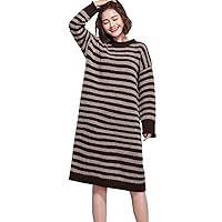 Flygo Women's Warm Crew Neck Striped Loose Pullover Sweater Dress