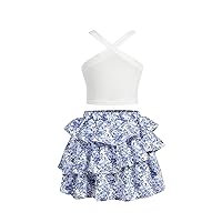 Floerns Toddler Girl's 2 Piece Outfit Rib Knit Cami Top Layered Hem Floral Skirts Sets