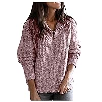 Women's Turtleneck Sweater Long-Sleeved Stand Collar Half Zipper Pullover Knit Sweater Top Cowl Neck Sweater