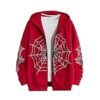 SHENHE Men's Zip Up Graphic Spiderweb Print Long Sleeve Goth Hoodie Sweatshirt Jacket