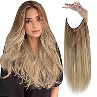 Fshine Human Hair Wire Hair Extensions Layered Fish Hair Extensions Real Human Hair with Transparent Line #10/14 Light Brown to Golden Blonde Secret Fish Line Hairpiece Human Hair 16inch 80g