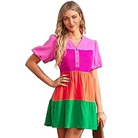 Bayou32 Multicolor Color Block Tiered Puff Sleeve Dress
