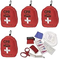 ASA TECHMED 4 Pack Emergency CPR Rescue Mask, Pocket Resuscitator with One Way Valve, EMT Trauma Scissors, Tourniquet, Gloves, Antiseptic Wipes