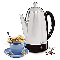 West Bend 54159 Classic Stainless Steel Electric Coffee Percolator with Heat Resistant Handle and Base Features Detachable Cord, 12-cup, Silver