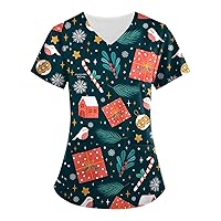 Christmas Scrub Tops Women Print Floral Printed Crewneck T-Shirts Comfy Short Sleeve Oversized T Shirts