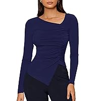 Remidoo Women's Asymmetrical Split Hem T Shirt Long Sleeve Rib Knit Ruched Side Tee Tops