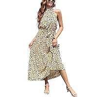 Women's Sleeveless Halter Lace Up Backless Leopard Print Flowing Dress