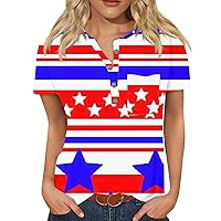 4Th of July Tops for Women 2024 Funny Star Stripes Button Down V-Neck USA Flag Printed Short Sleeve Shirt Outfit