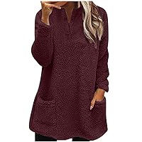 Fleece Hoodies For Women Dressy Casual V Neck Loose Solid Pockets Tops Fashion Long Sleeve Sherpa Winter Warm Blouses