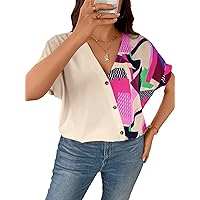WDIRARA Women's Plus Size Printed Wrap V Neck Button Front Short Sleeve Blouse Top