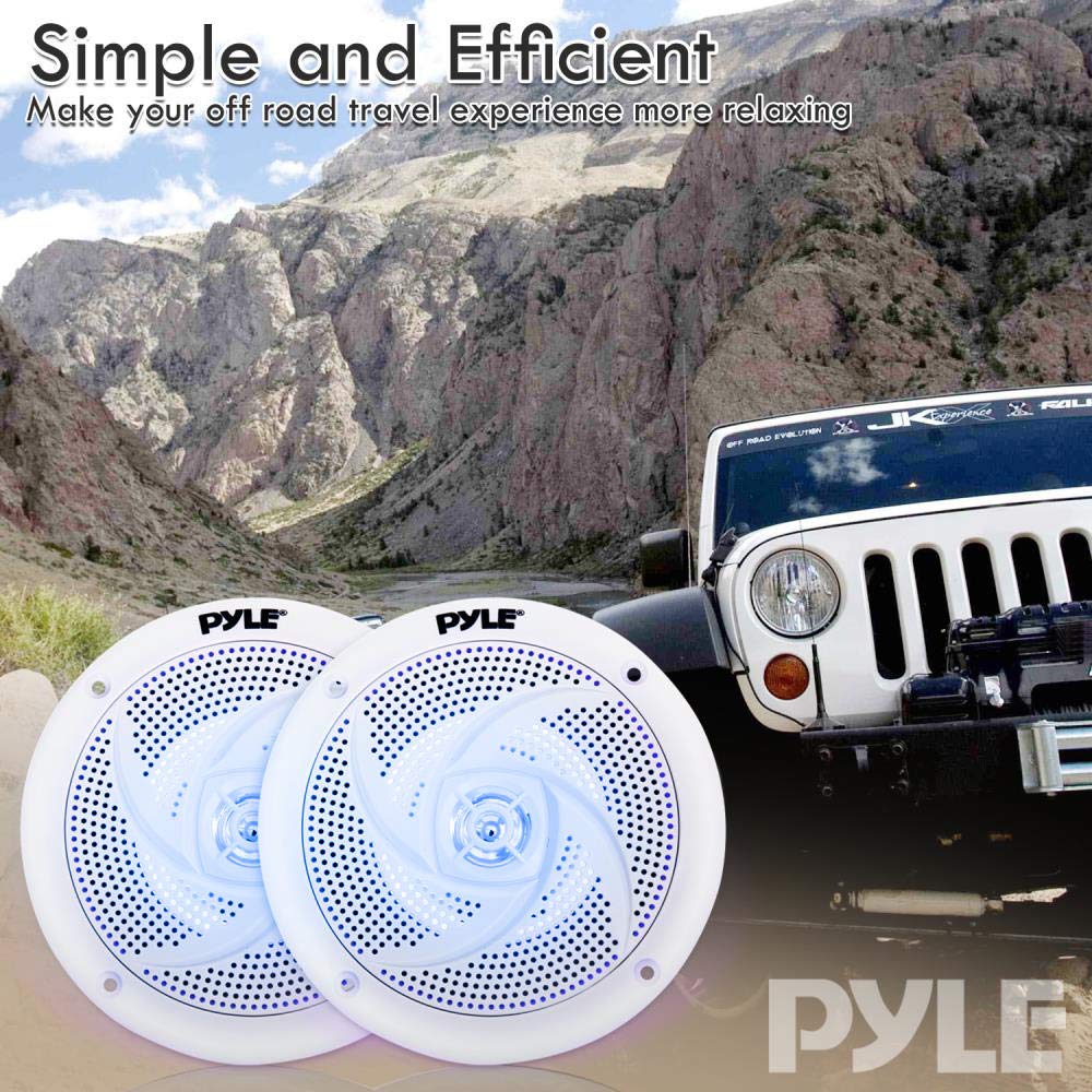 Pyle Low-Profile Waterproof Marine Speakers - 240W 6.5 Inch 2 Way 1 Pair Slim Style Waterproof Weather Resistant Outdoor Audio Stereo Sound System w/ Blue Illuminating LED Lights - Pyle (White)