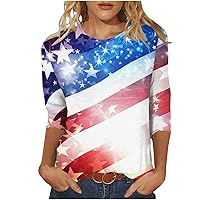 Summer 3/4 Sleeve T Shirts Women 4th of July Shirts Funny Stripes Print Tops Fashion Casual Crewneck Blouses