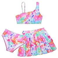Girls Swimsuit 3 Piece Bathing Suits Cute Quick Dry Bikini Tankini Sets with Cover Ups Beach Skirt for 5-12 Years