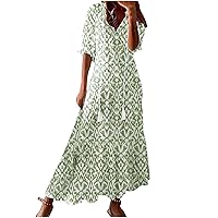 Summer Dresses for Women Tassel Tie V Neck Ruffle Elbow Length Sleeve Boho Floral Print Maxi Dress Beach Vacation Long Dress