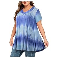 V Neck Shirts for Women Fall Summer Short Sleeve Long Plus Size Tie Dye Tops Shirt Blouse Women 2024