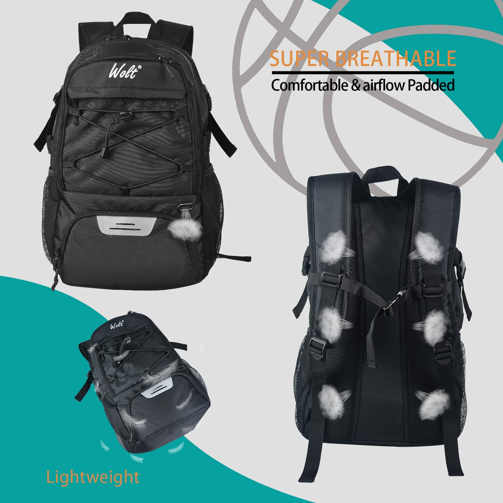 WOLT | Basketball Backpack Large Sports Bag with Separate Ball holder & Shoes compartment, Best for Basketball, Soccer, Volleyball, Swim, Gym, Travel