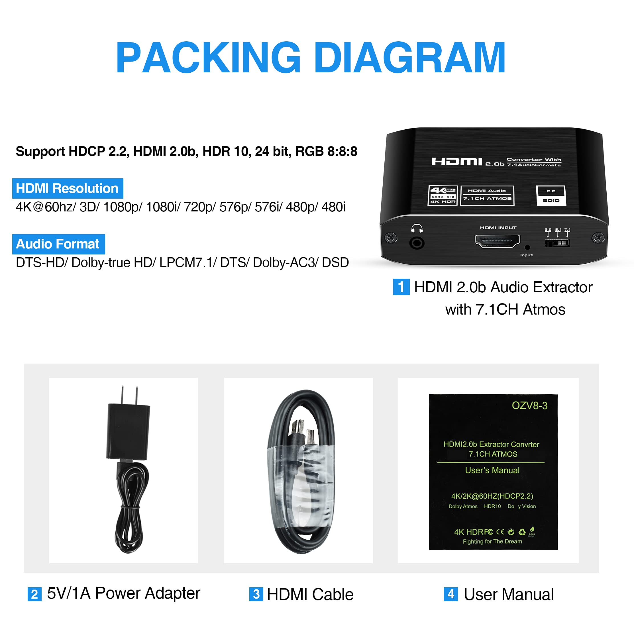 avedio links 4K@60Hz HDMI 2.0b Audio Extractor with 7.1CH Atoms, HDMI to HDMI + HDMI 7.1CH + Optical Toslink SPDIF + 3.5mm Audio, HDMI Audio Embedder Converter Adapter for PS5, Xbox, Fire Stick