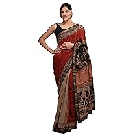 Half half red Striped Indian Hand Block Printed Maheswari Silk Saree Blouse Sari 924e