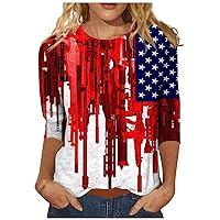July 4th Shirts Womens Tops 3/4 Length Sleeve Loose Fit Crewneck Cute Printed Blouse Patriotic Graphic Tees Tunics