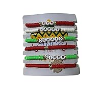 Spice Up Your Cinco de Mayo with Our Festive Set of 6 Surfer Heishi Polymer Clay Elastic Bracelets - Vibrant Red, Green, and White Beads with Chili Accents for Party