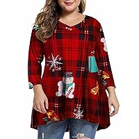 MONNURO Plus Size 3/4 Sleeve V Neck Button Casual Loose Flowy Swing Tunic Tops Basic Christmas Shirts for Women(Plaid Xmas,1X)
