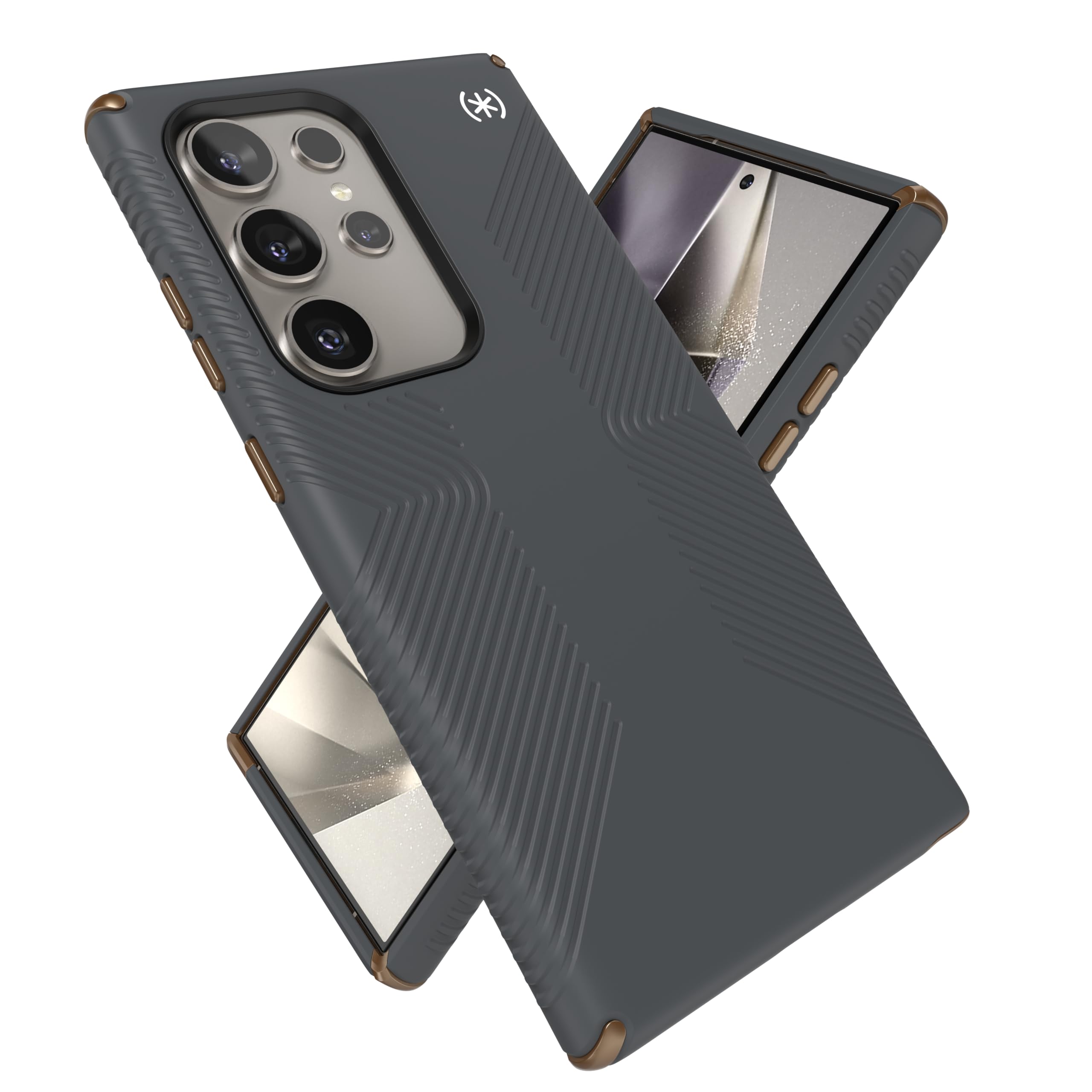 Speck Samsung Galaxy S24 Ultra Case - Drop Protection, Grip - Scratch Resistant, Soft Touch Phone Case - Presidio2 Grip Charcoal Grey/Cool Bronze/White