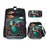 3-In-1 Backpack Bookbag Set,Cool Drum Set Print Casual Travel Backpacks,With Pencil Case Pouch, Lunch Bag