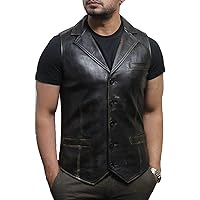 Mens Leather Waistcoat Genuine Lambskin Vest (Rub Off, L)