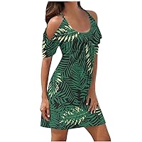 Funny Leaf Print Cold Shoulder Tunic Dress Womens Summer Ruched Short Sleeves Cami Sundress Casual Mini Swing Dress