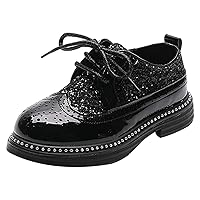 Boys Girls Lace-up Oxfords Brogue Wingtip Shiny Sequin School Uniform Dress Shoes for Wedding Birthday Performance