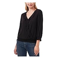 Vince Camuto Womens Black Ruffled Smocked Snap Front Closure 3/4 Sleeve V Neck Top XXS