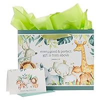 Christian Art Gifts Large Landscape Scripture Gift Bag w/Greeting Card & Tissue Paper Set for Kids: Every Gift Inspirational Bible Verse, Cute Animal Forest Theme Childrens Wrapping Accessory, Boys,