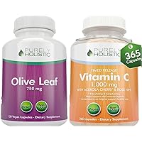 Purely Holistic Olive Leaf Extract 750mg + Vitamin C 1000mg 2 Stage Release Bundle - 485 Vegan Capsules - Made in The USA