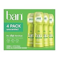 Ban Original Unscented 24-hour Invisible Antiperspirant, 3.5oz Roll-on Deodorant for Women and Men, 4-pack, Underarm Wetness Protection, with Odor-fighting Ingredients