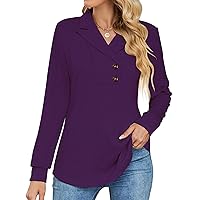 Micoson Women's Long Sleeve Button Lapel Tunic Tops V Neck Business Casual Swing Sweatshirt Pullover