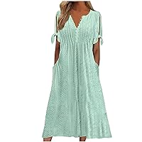 Deal of The Prime of Day Today Womens Boho Eyelet Dress Button V Neck Tie Knot Short Sleeve Midi Dresses Flowy Beach Vacation Long Dress with Pockets Robe Femme Chic Et Elegant Green
