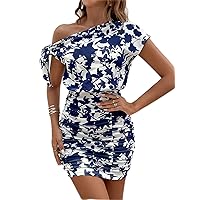 Women's Dresses Allover Floral Print Asymmetrical Neck Ruched Bodycon Dress Dress for Women