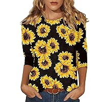3/4 Length Sleeve Womens Tops Sunflower Print Casual Loose Fit Crewneck T Shirts Cute Tunic Tops Trendy Blouses