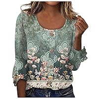 Under Shirts for Women Pack, Summer Tank Tops for Women Satin Blouse Women's Fashion Casual Three Quarter Sleeve Floral Printed Round Neck Decorative Button Top Graphic Tees for (1-Green,X-Large)