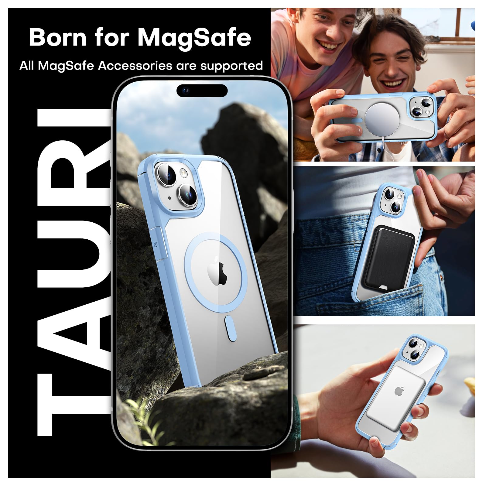 TAURI 5 in 1 Magnetic Case for iPhone 15 Plus [Military Grade Drop Protection] with 2X Screen Protector +2X Camera Lens Protector, Transparent Slim Fit Designed for Mag-Safe Case-Light Blue