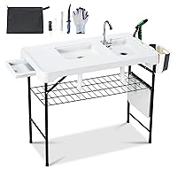 42'' Outdoor Fish Cleaning Table Portable Camping Sink Station with Double Sinks, Collapsible Swivel Faucet, Picnic Sink Table with 6pc Fish Cleaning Kit for Picnic Beach Patio