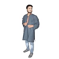 Men's Shirt Grey Color Indian Embroidered Tunic Wedding Party Wear Kurta Plus Size