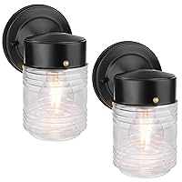 Jelly Jar Outdoor Wall Lantern, Black Exterior Waterproof Wall Mount Lighting Fixture, Anti-Rust Front Door Wall Sconce with Clear Ribbed Glass Shade, E26 Socket Wall Lamp for Patio, 2 Pack